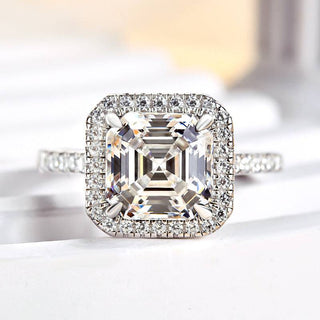 3.0CT Asscher Cut Halo Pave Diamond Moissanite Engagement Ring